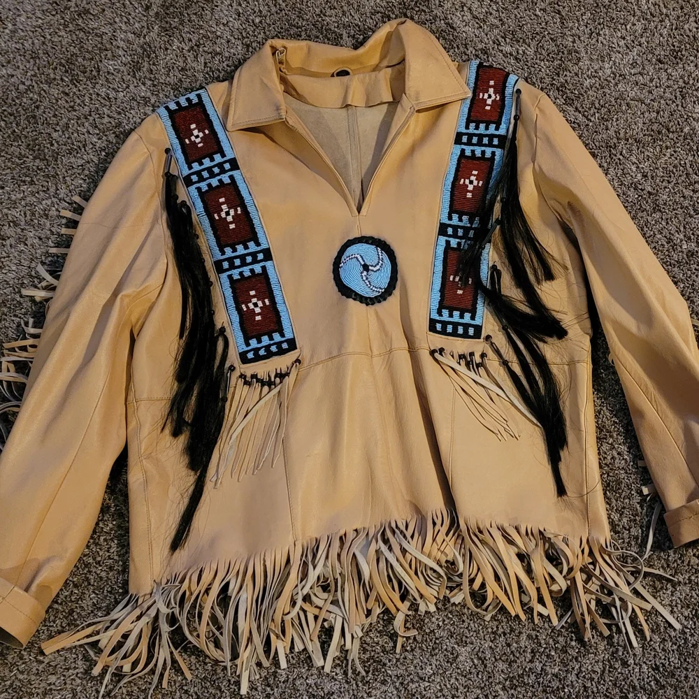 Fringed Leather Jacket with Beaded Design - Picture 1 of 12